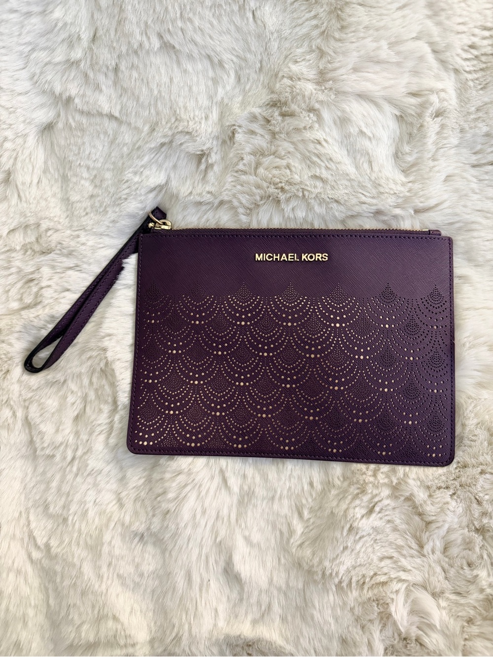 Michael Kors Deep Plum Perforated Wristlet Clutch